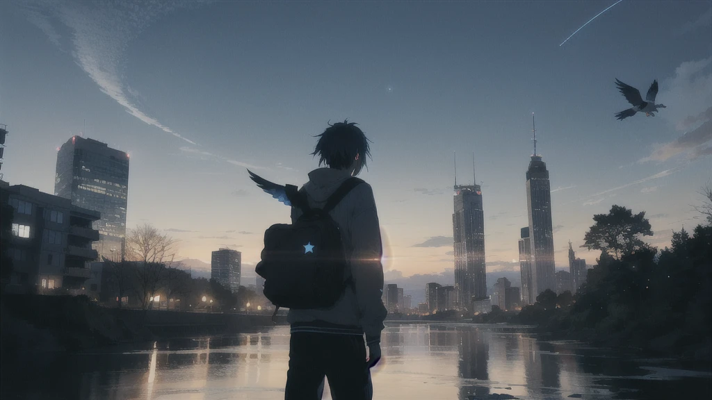 真っ暗なnight空,Octane, star (null), scenery, Blue parakeet,The acoustic guitar is in front of the body.,star, night, A girl and a boy standing back to back, Back view, alone, Outdoor, city,river,Blue parakeet,building, cloud, 天のriver,silhouette