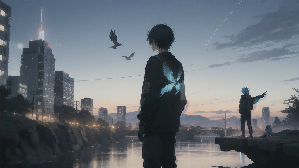 真っ暗なnight空,Octane, star (null), scenery, Blue parakeet,The acoustic guitar is in front of the body.,star, night, A girl and a boy standing back to back, Back view, alone, Outdoor, city,river,Blue parakeet,building, cloud, 天のriver,silhouette