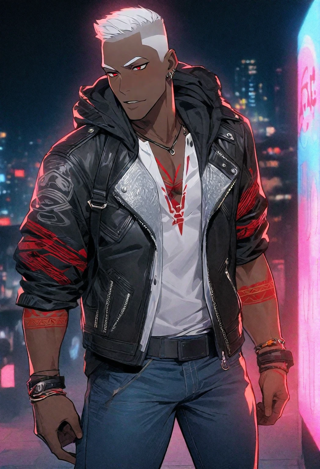 masterpiece, best quality, 1boy, t shirt, leather jacket, open jacket, muscular, scar across right eye , smug, dark skin, faded haircut , hi top hair, gangster clothing, white hair, black hair lights, red eyes, African American skin tone, tattoos on arms, neon lights,nighttime city. African American male with faded haircut, On his upper body, he wears three layers of clothes: a button-up white shirt with a protruding collar kept partially buttoned, a plain gray hoodie, and a black leather jacket with a red interior, two horizontal white lines on each sleeve, and a red tribal design on the back. On his lower body, he wears plain blue jeans and black shoes