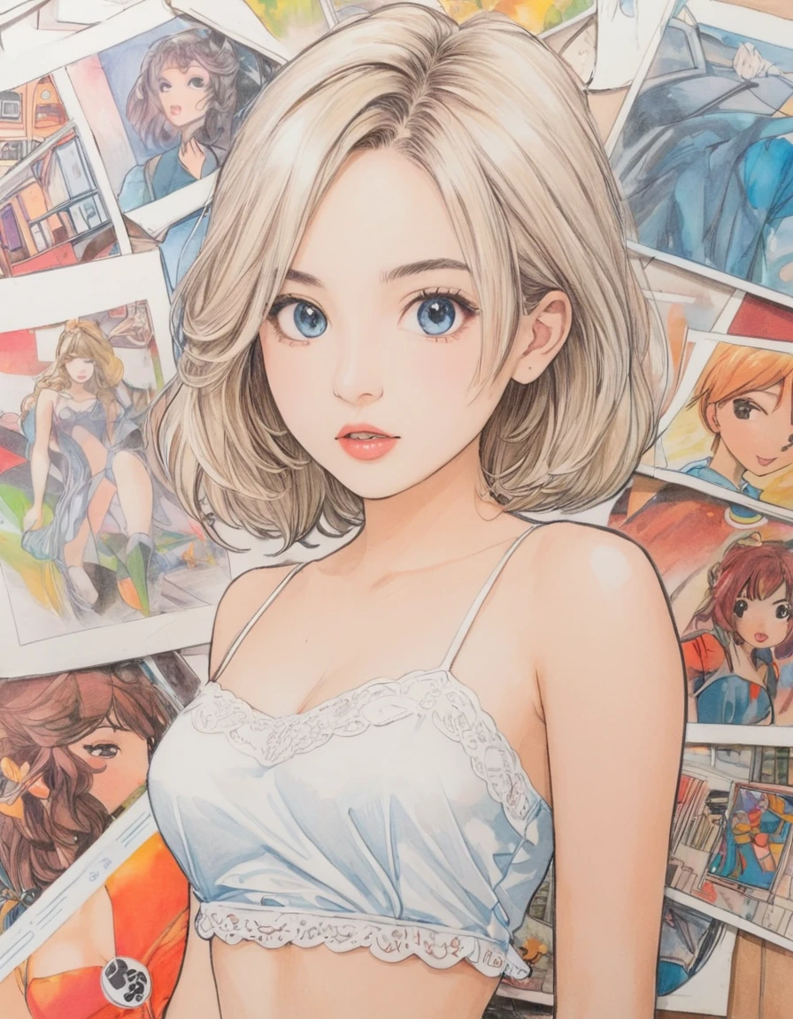 female,short camisole,white,Art,ad,colour pencil drawing,draft drawing ,comic collage,illustration