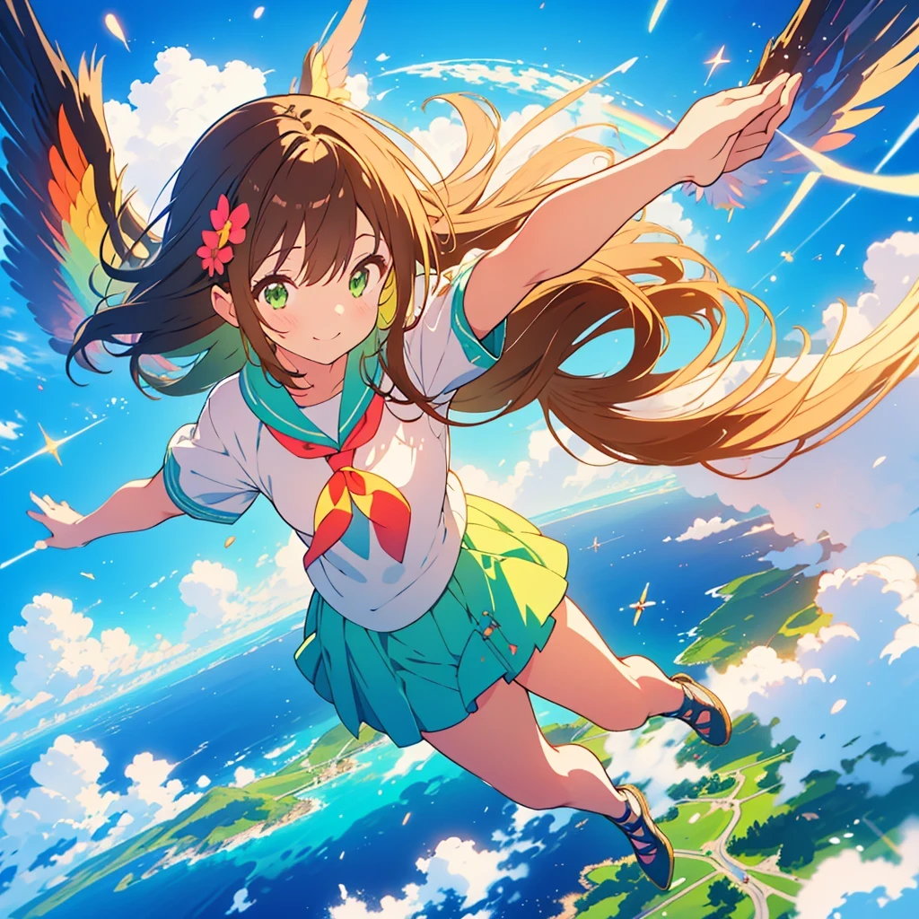 kawaii, anime, Cute, hyper quality, highly detailed, 8k, Front facing, Clarity, brown long hair, green eyes, smile, whole body, heaven, Rainbow colored wings on the back, particles of light, sky background, flapping its wings, Pose with movement, Fantastic, heaven, fantasy, water, Clearly depict facial expressions, fly into the sky, Richly colored, above the sky, Heaven, above the clouds, Composition overlooking the ground, look up at the sky, island country, sparkling sea, sparkling light, dancing in the air, fly off the ground, far away from the ground, jump,
