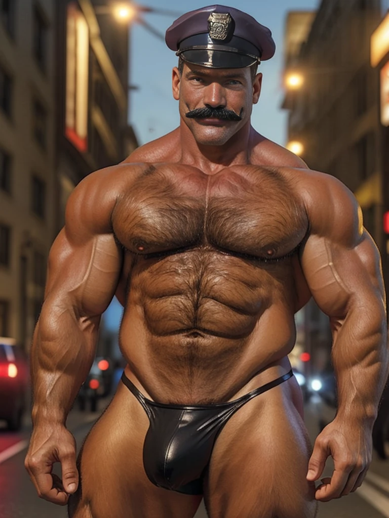 60 years old, white police detective with mature and friendly demeanor, tall, strong and muscular build, mustache, police officer posing shirtless, flexing his muscles, police beret, hairy chest, giving off a touch of slutty but disgusting aura, underwear showing (red or black leather thong), nice bulge, fantastic location, on the city street (Professional 3D rendering: 1.3) of (Realistic: 1.3) detailed face, (vibrant and realistic photo grid, realistic, dramatic , sharp focus, hd, 8k)