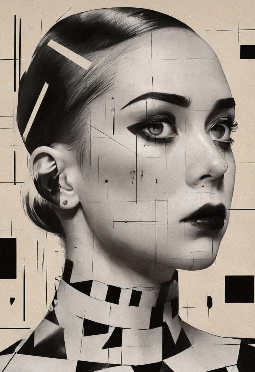 Pop Surrealism, Rough cross hatch drawing pop art madman_Portrait of a girl in latex, Smooth back, Low bun, black makeup, Sinister expression, Intense glare, Avant-garde, Abstract, Strange, Geometric, Constructivism, Suprematism, Rayonism, Verticality, Linear Theory, old