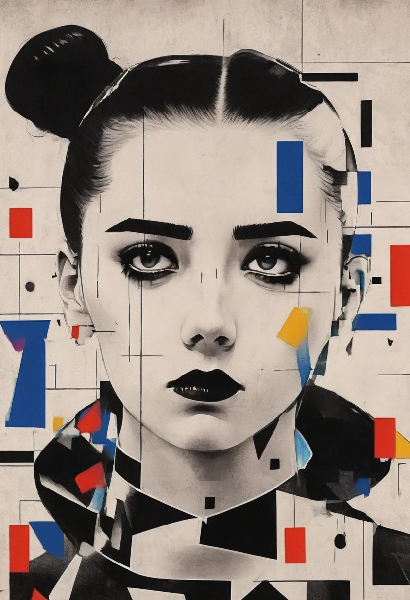 Pop Surrealism, Rough cross hatch drawing pop art madman_Portrait of a girl in latex, Smooth back, Low bun, black makeup, Sinister expression, Intense glare, Avant-garde, Abstract, Strange, Geometric, Constructivism, Suprematism, Rayonism, Verticality, Linear Theory, old