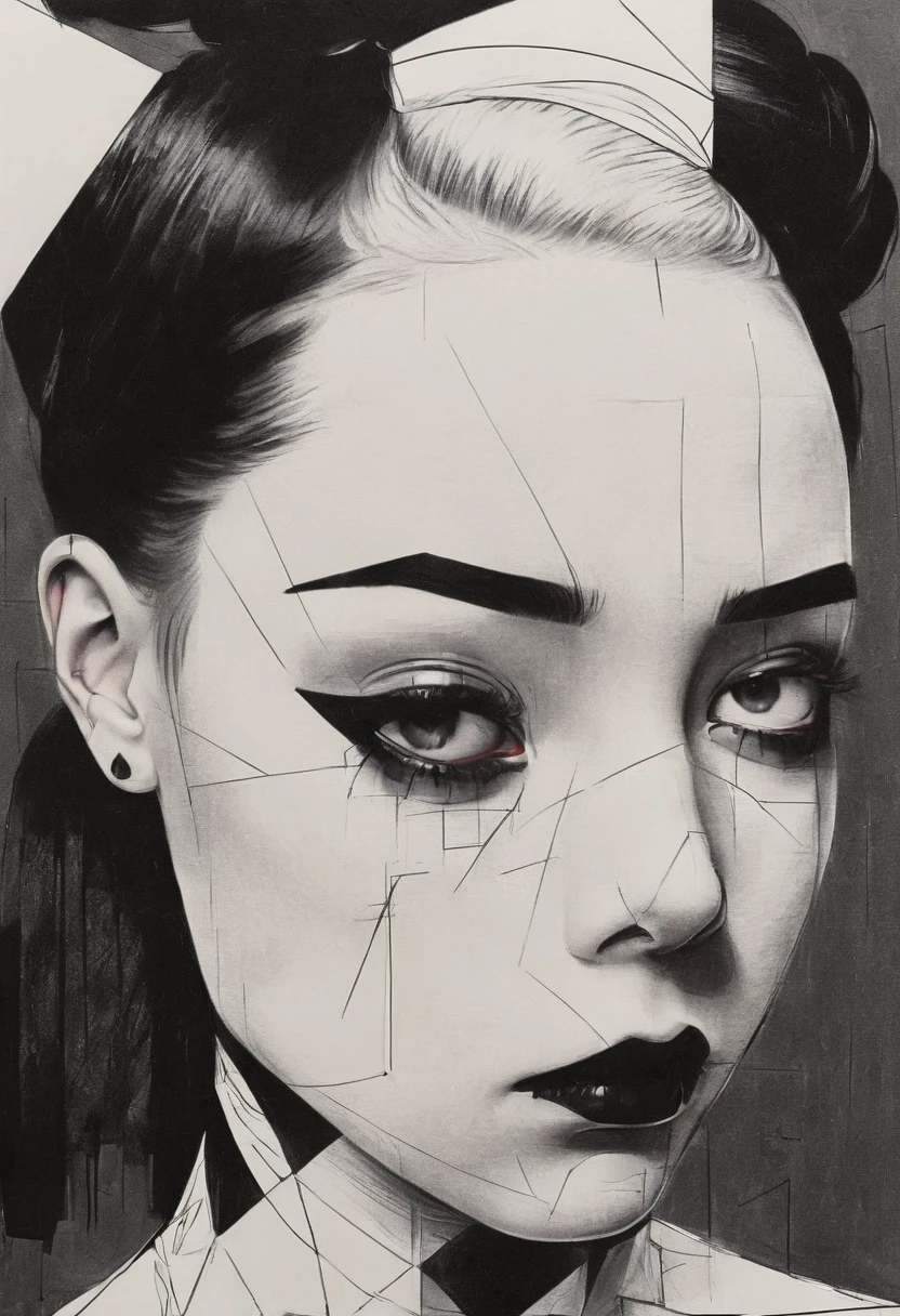 Pop Surrealism, Rough cross hatch drawing pop art madman_Portrait of a girl in latex, Smooth back, Low bun, black makeup, Sinister expression, Intense glare, Avant-garde, Abstract, Strange, Geometric, Constructivism, Suprematism, Rayonism, Verticality, Linear Theory, old