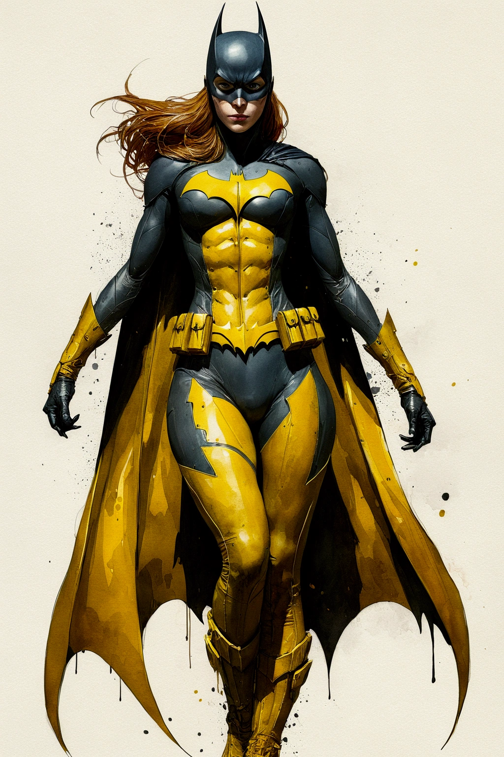 a masterpiece, batgirl from dc comic wearing alternate yellow costume, coy and alluring, full body, Kim Jung gi, freedom, soul,  comic style, cyberpunk, perfect anatomy, centered, approaching perfection, dynamic, highly detailed, watercolor painting, artstation, concept art, smooth, sharp focus, illustration, art by Carne Griffiths and Wadim Kashin, unique, award winning, masterpiece hyper realistic

