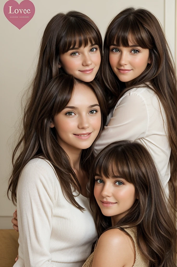 Imagine the cover of a girl love book with the title "Love does not understand ages" that the youngest is white and has long brown hair and bangs and the oldest is brunette with short hair, how apparent 20