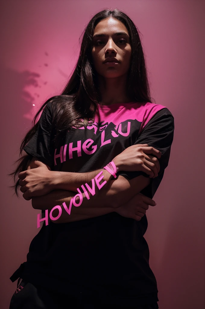 girl with arms crossed, shadowed, man with his arms crossed shadowed, hot pink background, big text with the words: "Hello, Love!" in black, fun lines across the picture, the tips of the picture are burnt, silhouettes of people, girl has long hair, guy has shoulder length hair, the guy is a head taller than the girl, super detailed, album cover, hip-hop vibe, 4k, high details, super detail