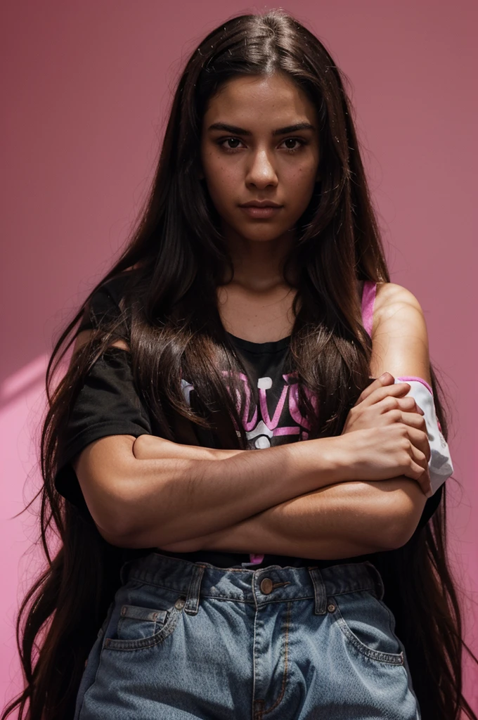 girl with arms crossed, shadowed, man with his arms crossed shadowed, hot pink background, big text with the words: "Hello, Love!" in black, fun lines across the picture, the tips of the picture are burnt, silhouettes of people, girl has long hair, guy has shoulder length hair, the guy is a head taller than the girl, super detailed, album cover, hip-hop vibe, 4k, high details, super detail
