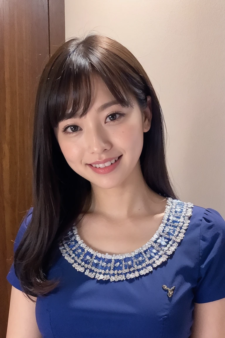 Medium display, Medium Shot, Written boundary depth, bust, Upper Body, Movie angle, masterpiece, Highest quality, Very detailed, CG, 8k wallpaper, Beautiful Face, Delicate eyes, Otome, alone, smile, bangs, skirt, shirt, have, Cobalt blue dress with gold trim, Laugh mischievously、Floral Background