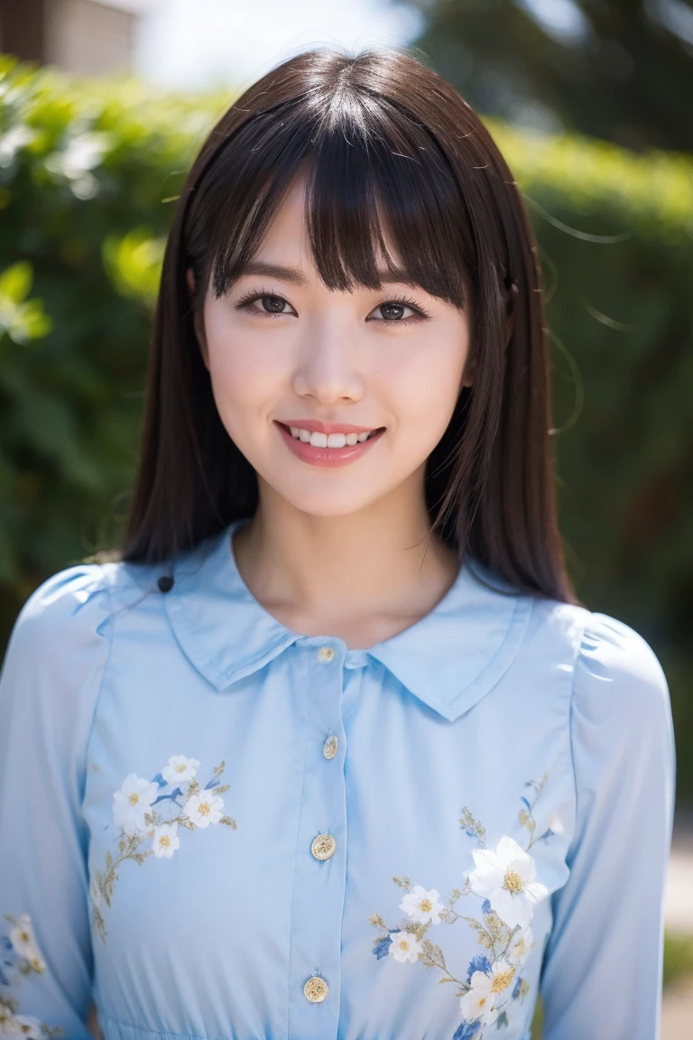 Medium display, Medium Shot, Written boundary depth, bust, Upper Body, Movie angle, masterpiece, Highest quality, Very detailed, CG, 8k wallpaper, Beautiful Face, Delicate eyes, Otome, alone, smile, bangs, skirt, shirt, have, Cobalt blue dress with gold trim, Laugh mischievously、Floral Background