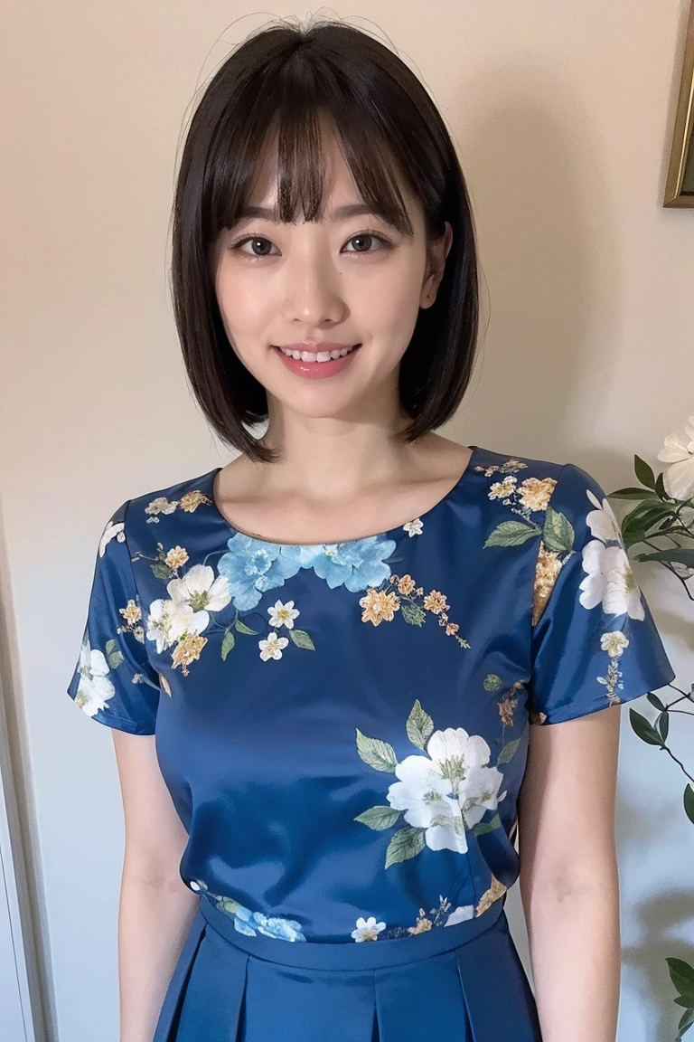 Medium display, Medium Shot, Written boundary depth, bust, Upper Body, Movie angle, masterpiece, Highest quality, Very detailed, CG, 8k wallpaper, Beautiful Face, Delicate eyes, Otome, alone, smile, bangs, skirt, shirt, have, Cobalt blue dress with gold trim, Laugh mischievously、Floral Background