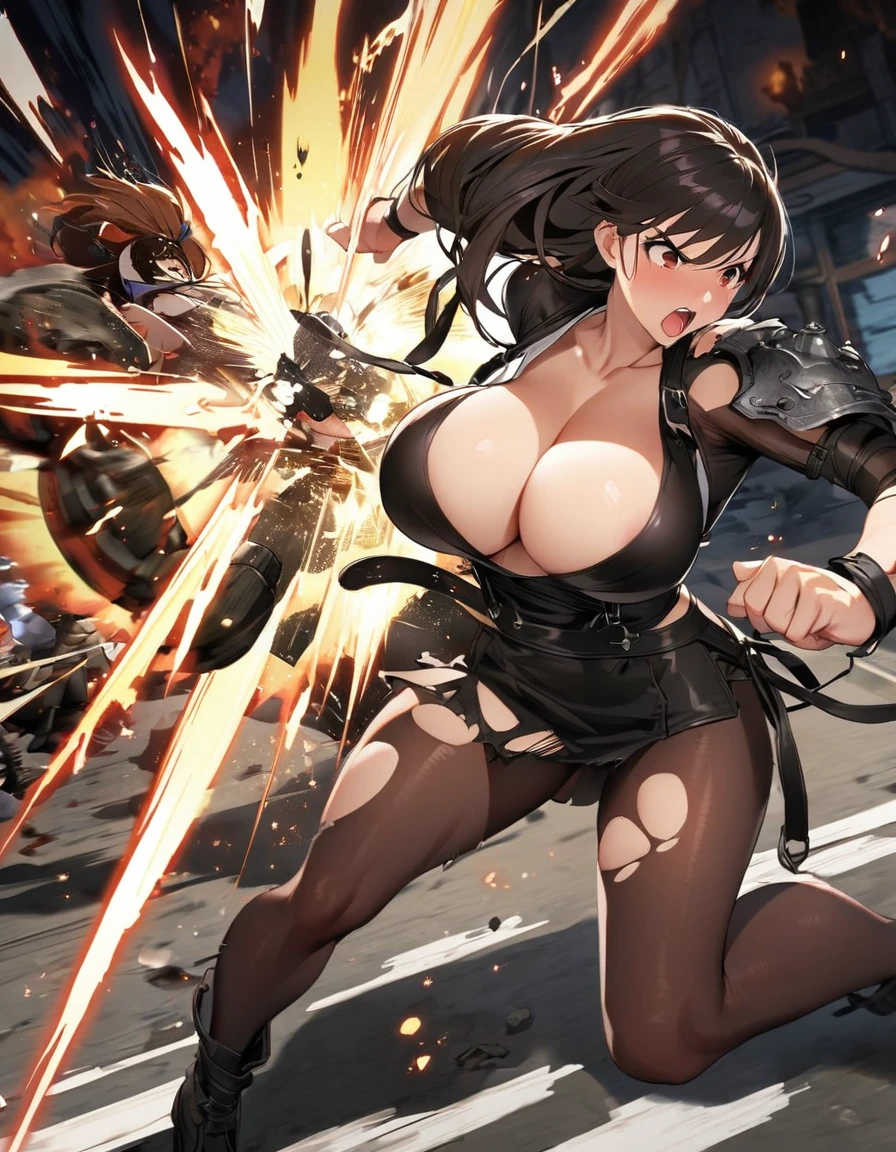 Final Fantasy 7 Tifa Lockhart Indoor at night sexy Wearing black pantyhose Wearing a mini skirt、Wearing black clothing、Big Breasts、Stylish、The moment when the clothes are torn during an attack、Coming under attack、Damage、Thin legs、Black long hair、bare hands