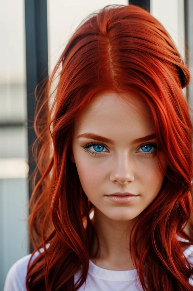 a girl with red hair and blue eyes