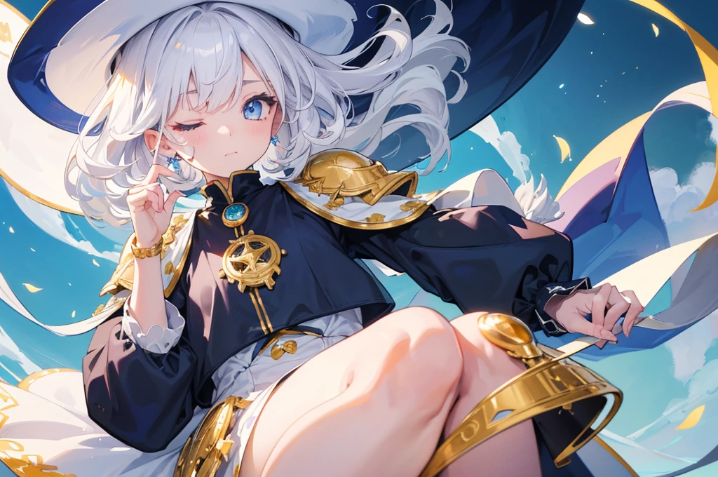 (Highest quality) (4K) (8K) (High resolution) (masterpiece:1.2) (Super detailed) One girl short hair witch The right eye is blue and the left eye is yellow Long sleeve Golden decoration (White Background) Hair between the eyes Closed Mouth White Dress Wavy Hair Upper Body White Hair Blue hat Puff out your cheeks
