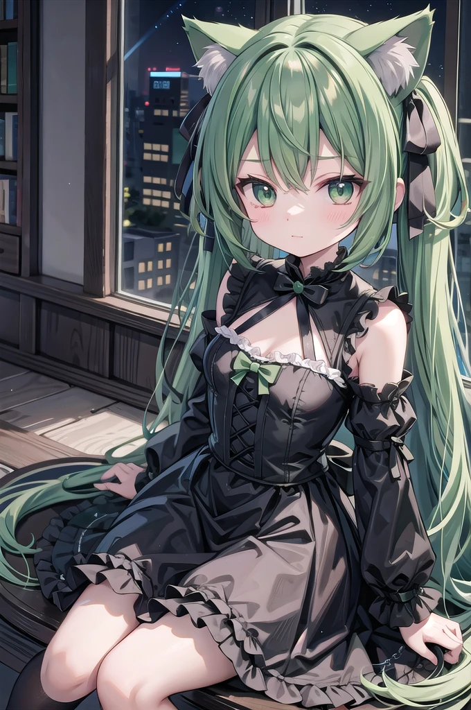 Super Deformed green hair Cat ears Curly hair Gothic Lolita BIG ribbon