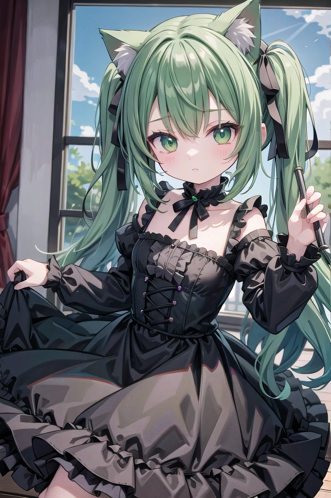 Super Deformed green hair Cat ears Curly hair Gothic Lolita BIG ribbon
