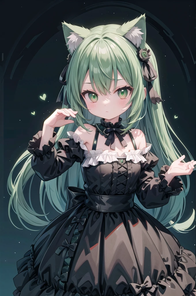 Super Deformed green hair Cat ears Curly hair Gothic ta BIG ribbon