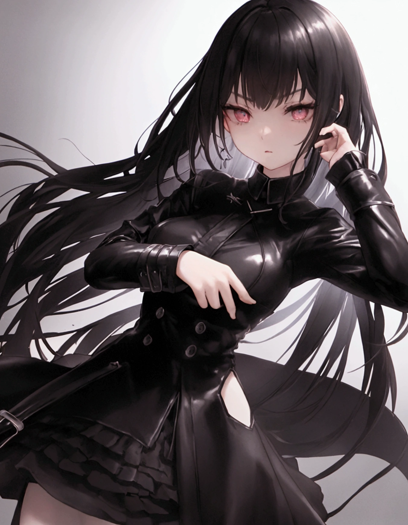 A  15 years old girl with pale skin and long, straight black hair. large and dark eyes , with an intense and enigmatic expression. wearing the orphan movie clothe style, with a more elegant and sophisticated touch, something that matches her mysterious and strong personality. Overall, her appearance would be striking, attracting curious and intrigued looks. flat chested, cinematic lighting, chromatic aberration, backlighting, masterpiece, high details, high quality, 4K.