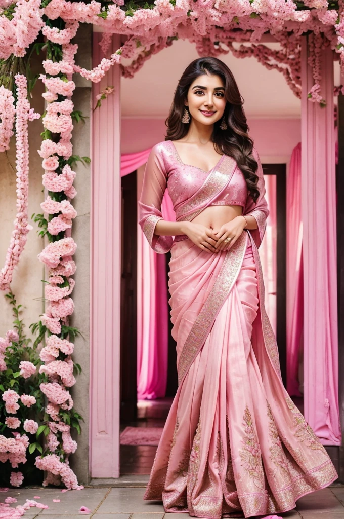 a woman in a pink sari smiles while holding her hands out, fanart, doing an elegant pose, dressed in a pink dress, pretty face!!, maya ali, candid picture, wearing a pink ballroom gown, with an elegant smile, wearing pink floral gown, with a cool pose, * colour splash *, side pose, cute woman, satin, traditional beauty