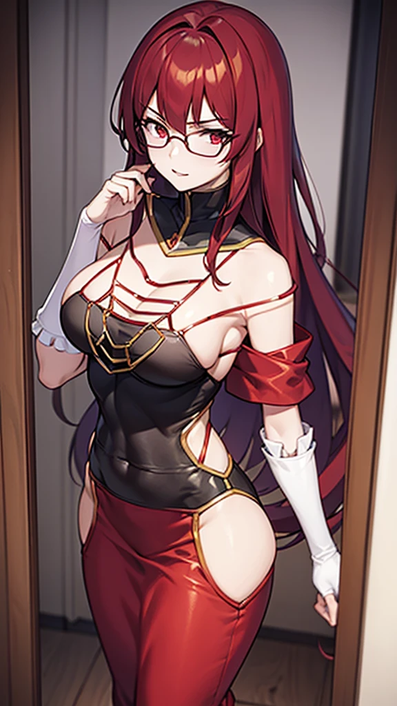 (Masterpiece), (best quality), A 20 year old female villain with long dark red hair, red eyes, chest, wearing a red commander hat, round glasses, black outfit, standing.