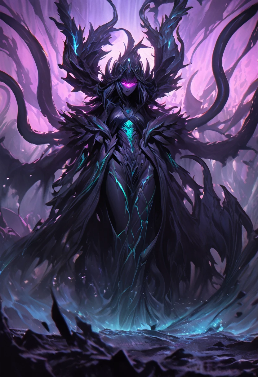 A menacing Lovecraftian Valkyrie emerges from the depths of darkness, her twisted wings casting eerie shadows on the barren landscape below. This captivating image, perhaps a digitally rendered painting, showcases her monstrous yet alluring features: tentacle-like appendages snaking from her inky black armor, glowing eyes peering out from behind a web of ethereal mist, and a terrifying beauty that defies comprehension. The impeccable detail and expert use of light and shadow make this a hauntingly beautiful depiction of a mythical being torn between her divine nature and eldritch origins.