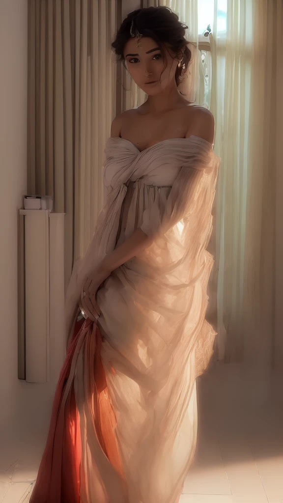 (extremely detailed CG unity 8k wallpaper:1.5),<(work of art:1.5), (best qualityer:1.7), high resolution illustration, (finely detailed eyes and detailed face:1.3), (detail:1.3, best qualityer, (ultra-detailed), (extremely delicate and beautiful), (illustration), (painting-like),(work of art:1.5),cinematic light,dynamic angle,floating,sharp focus,(2d:1.7), (best qualityer:1.3),(illustration:1.1),((disheveled hair:1.2),(beautiful detailed eyes:1.1),(cinematic light:1.1), indian girl, wearing a long red sarong, standing, just hips, off shoulder dress, Small dress, carefree,