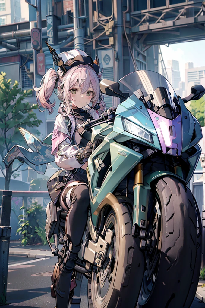 (Line art_anime,pastel colour),(Highest quality, ),8K,Dynamic Angle,1. Female,Medium Hair,smile、(Steampunk Bike Ride 1.5)、An elaborately decorated bike、(Highly decorative and intricate mechanical rider fashion, Lace flare dolphin hat、Goggles 1.5、machinery background、Gear background、An elaborately mechanized cityscape of the future 1.5),Anatomically correct,Beautiful composition