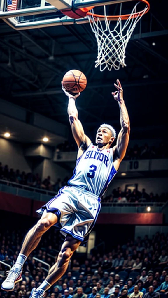 Elderly basketball player、He takes a decisive dunk shot and hangs from the hoop、From above、The spectators cheer