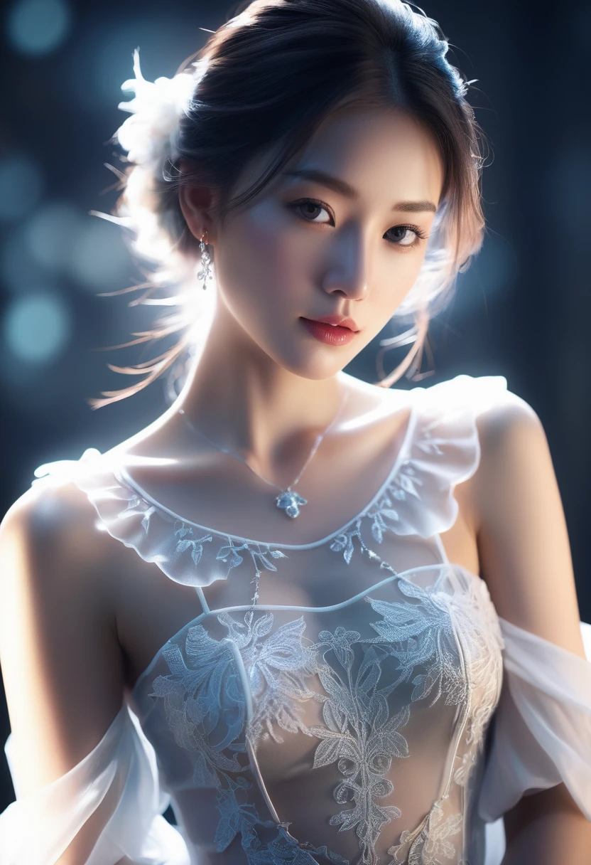 ((jewel_light element)), (Translucent luminous body_wearing a white frilly blouse), (girl made of light: 1.2, Long wavy hairstyle with delicate features and light:1.3), (minimalism: 0.5), (Front gaze close-up angle: 1.3), 4K, HDR, acid graphics, fantasy work, [Detailed and vivid face: 0.33], (White translucent glowing body and hair: 1.3), Shiny beautiful woman with silhouette outline, Understated elegance is revealed... A calm and dignified atmosphere provides a subtle sense of luxury..... gray smooth texture, stylish pose, fluorescent, Glowing tattoo, bioluminescent tattoo, glowing pattern.