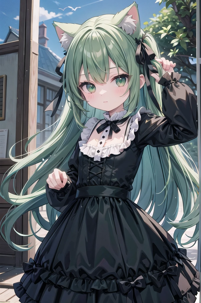 Super Deformed green hair Cat ears Curly hair Gothic BIG ribbon