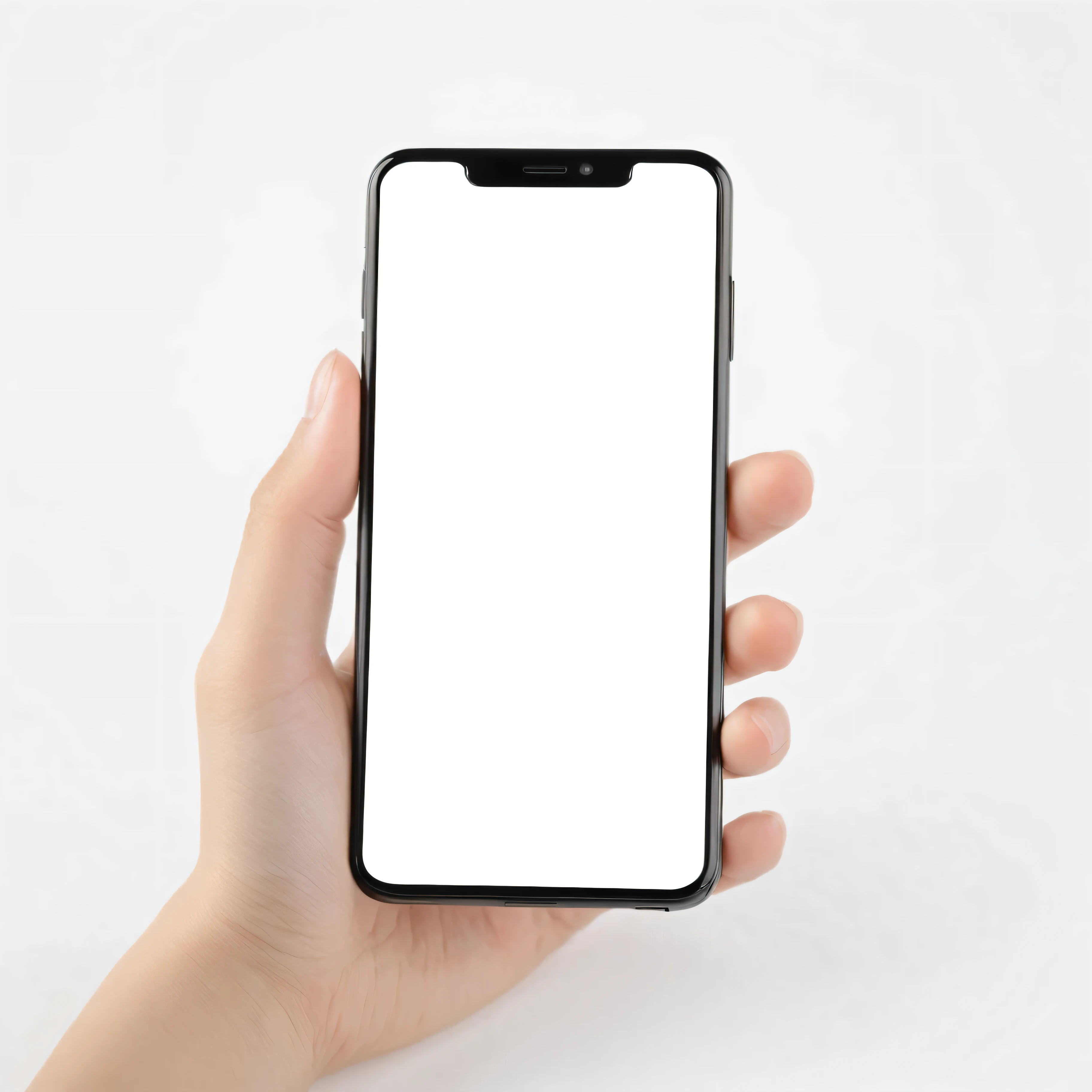 A woman's hand holds a smartphone with a blank, black screen against a stark white background. The focus is on the phone, and for advertising purposes, this image is used to highlight the device itself.