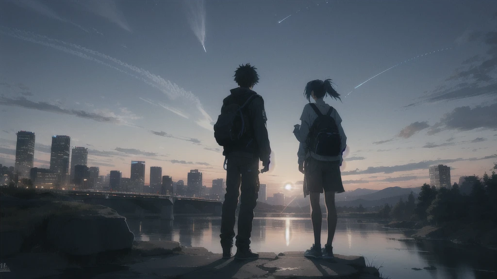真っ暗なnight空,Octane, star (null), scenery, Blue parakeet,The acoustic guitar is in front of the body.,star, night, A girl and a boy standing back to back, Back view, alone, Outdoor, city,river,Blue parakeet,building, cloud, 天のriver,silhouette