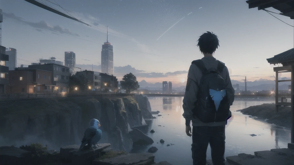 真っ暗なnight空,Octane, star (null), scenery, Blue parakeet,The acoustic guitar is in front of the body.,star, night, A girl and a boy standing back to back, Back view, alone, Outdoor, city,river,Blue parakeet,building, cloud, 天のriver,silhouette