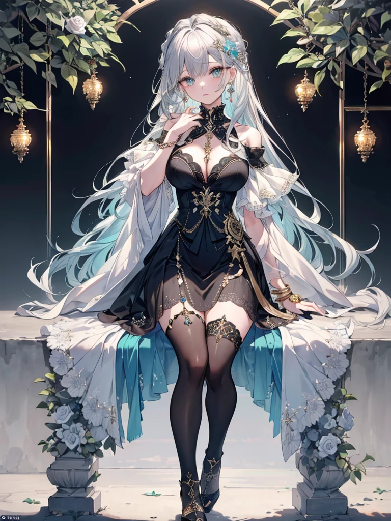 High resolution RAW color art, animation,Sculpture, Silver Marble Skin, (((Highly detailed elegant))), Magical atmosphere, Detailed skin, texture,(Exquisitely crafted, The finer details, Ultra-detailed art), Depth of written boundary, Silky Touch, Hyper Detail, White Background、Beautiful Eyes, Elegant face, Ivory Rose, eye shadow、(Highest quality:1.2, High detail, masterpiece:1.2, Best aesthetics), (1 Girl), Beautiful woman, Beautiful attention to detail, Beautiful lip detail, Highly detailed face, Delicate depiction of hair and eyes, Detailed Fashion, Aqua Eye, Earrings, ,Full body depiction, ,Focus on the user、Beautiful black off-shoulder top、Beautiful black above the knee skirt、tights、Gold decoration Bare knees, Black nails, Gray Hair, Gold bracelet, Long Hair, Light blue inner hair、Hair、Blushing、Looking up、evening