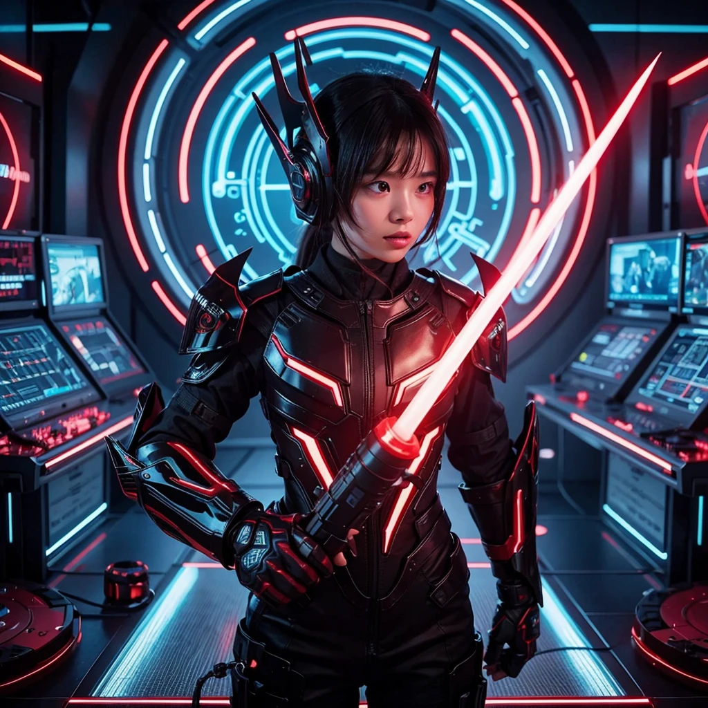 A futuristic thai young girl 7 YO, redline ornament neon glow armored warrior standing on the laboratory floor,holding a glowing sword pointed downwards.The figure is adorned in sleek,black and red armor with a half helmet show face,featuring elongated horn-like structures.Behind the warrior is a circular,neon-lit backdrop with intricate designs,giving the scene a high-tech, cyberpunk aesthetic.The environment suggests a mix of advanced technology and intense action readiness