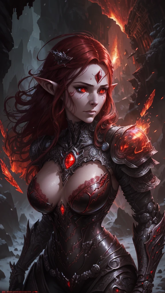 Elf woman, snow white skin, blood red hair, necromancer, (perfect anatomy :1.4),( cowboy pose), (face detailed :1.4), Epic Fantasy Art Style HD, 4K fantasy art, epic fantasy digital art style, epic fantasy art style, Fantasy Woman, epic fantasy art portrait, Epic fantasy style, hyperrealistic fantasy art, hd fantasy art, Epic fantasy character art, epic fantasy art, in style of dark fantasy art, epic fantasy digital art, ,(Lava magma ruined dungeon ruins background :1.4 ), (lace style lingerie :1.4), (magma lava piedras grandes background:1.4), (bright red eyes :1.4),( cyborg mecánica plastic transparent :1.4), (cyborg robot transparente cristal cuarzo :1.4), (cyborg plateado brillante cristal cuarzo transparente :1.4) 