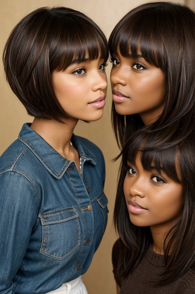 two girls, one with light skin, brown hair and bangs and the other with dark skin with short hair, looking into each other's eyes with loving tension.
