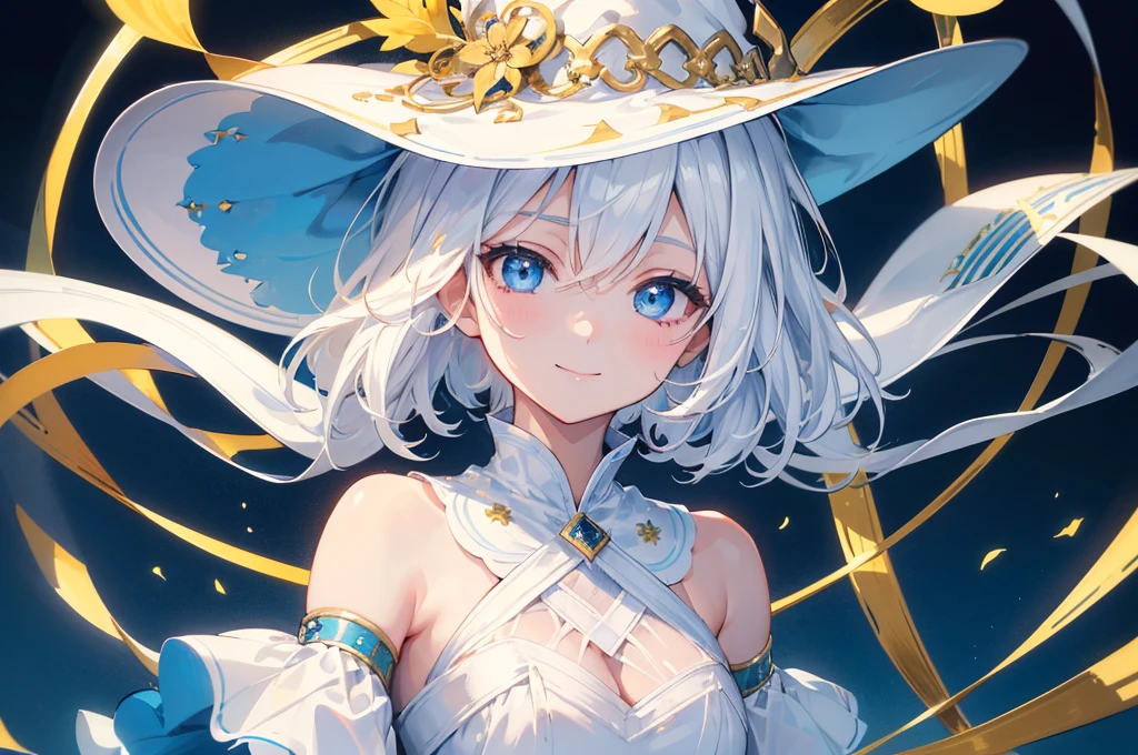(Highest quality)　(4K)　(8K)　(High resolution)　(masterpiece:1.2)　(Super detailed)　One girl　short hair　witch　The right eye is blue and the left eye is yellow　Long sleeve　Golden decoration　(White Background)　Hair between the eyes　Closed Mouth　White Dress　Wavy Hair　Upper Body　White Hair　Blue hat　smile　Close one eye