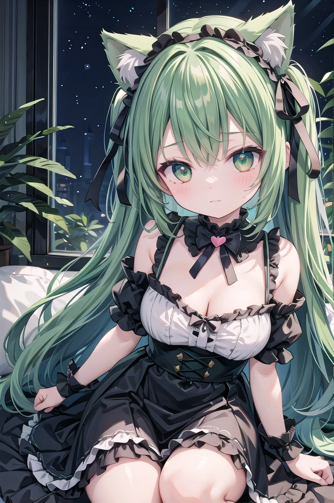 Super Deformed green hair Cat ears Curly hair Gothic ta BIG ribbon heart