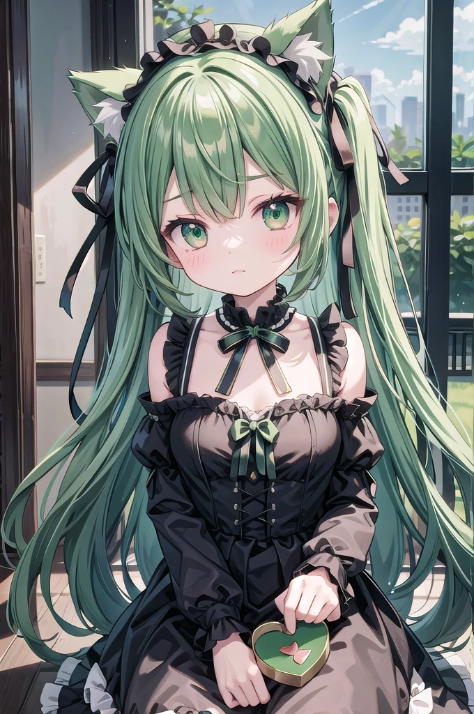 Super Deformed green hair Cat ears Curly hair Gothic Lolita BIG ribbon heart