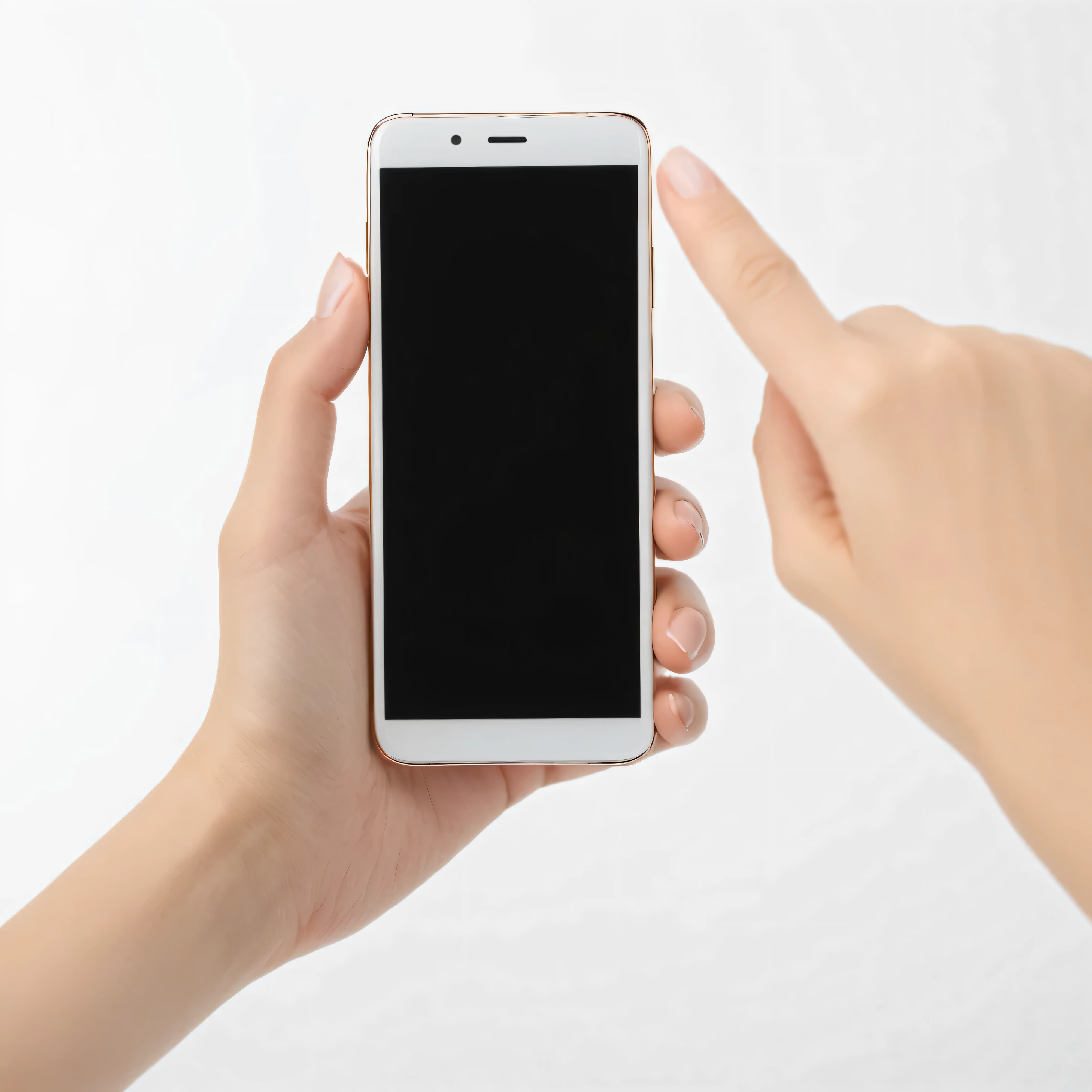 A woman's hand holds a smartphone with a blank, black screen against a stark white background. The focus is on the phone, and for advertising purposes, this image is used to highlight the device itself.