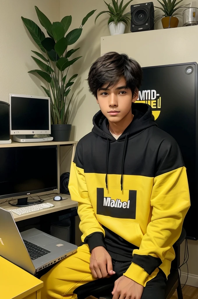 Create a image of 18 years anime boy sitting in front of a computer desk with a microphone and laptop wearing well yellow and black hoodie with the channel name on it FARDOUS ELAHI the background in include a large Youtube logo on the wall and potted plants on either side and various recording equipment