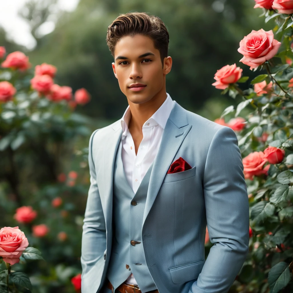 Create an image of a young man inspired by the characteristics of the rose 'The Prince, mixed race male model 27 year old, (angel face, prince eyes, lightly sweet smile), standing in a poised and regal posture, hand resting by his side, evokes a sense of deep contemplation and elegance. with sheer Jockstrap with thick cock line, ((bulge focus)) His clothing reflects the complex, multi-petaled structure of the rose, with detailed textures and luxurious fabrics. The composition places the model slightly off-center, allowing for a view of a lush greenhouse garden background with glossy green leaves and hints of blooming deep-red roses, creating a natural yet sophisticated setting. Soft diffused lighting highlights the model's features and clothing, casting gentle shadows that add depth and dimension to the image. The overall atmosphere is one of quiet intensity and refined elegance, with a subtle hint of romanticism. The photo is taken at eye level with a slight upward angle to emphasize the model's regal presence, using a medium-format camera, Canon EOS R7 and Sigma AF 85mm F1.4 EX DG HSM lens, used to achieve a shallow depth of field, ensuring the model stands out sharply against the softly blurred background. by photographers Thomas Synnamon known for his ability to capture elegance and refinement in fashion photography, golden hour dreamlike settings and intricate details complements the theme perfectly.