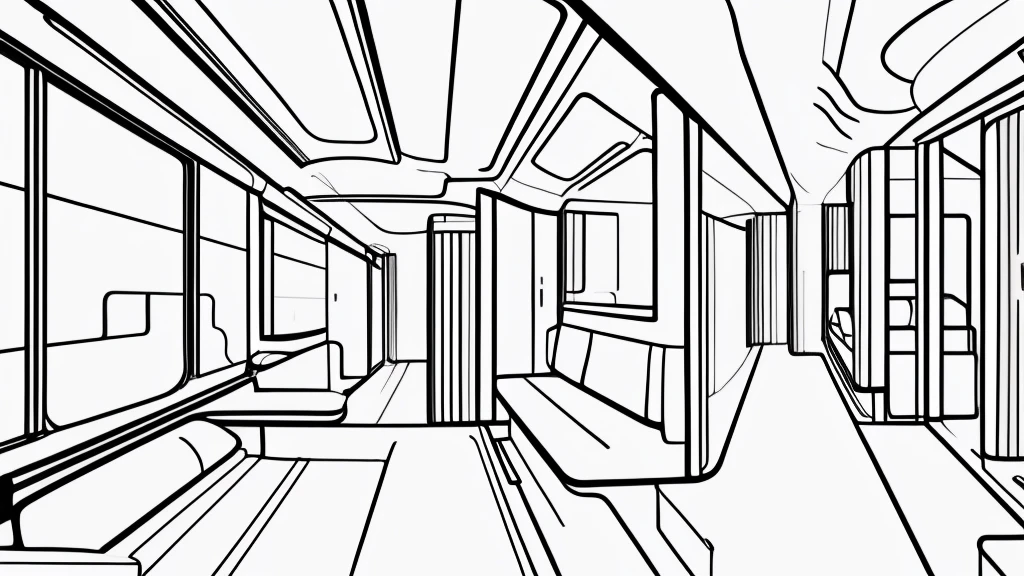 Minimal draft line drawing, thin lines, punchy touch, white train interior