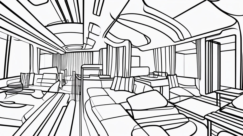 Minimal draft line drawing, thin lines, punchy touch, white train interior