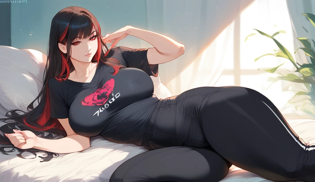 mixed_artstyle, 1 girl, Alone, hands, Asian, black t-shirt, black pants, short black hair with red highlights, red eyes, realistic, textures, 8K, perfect hand, perfect anatomy, visible curves, Breasts, Multi view, conceptual art