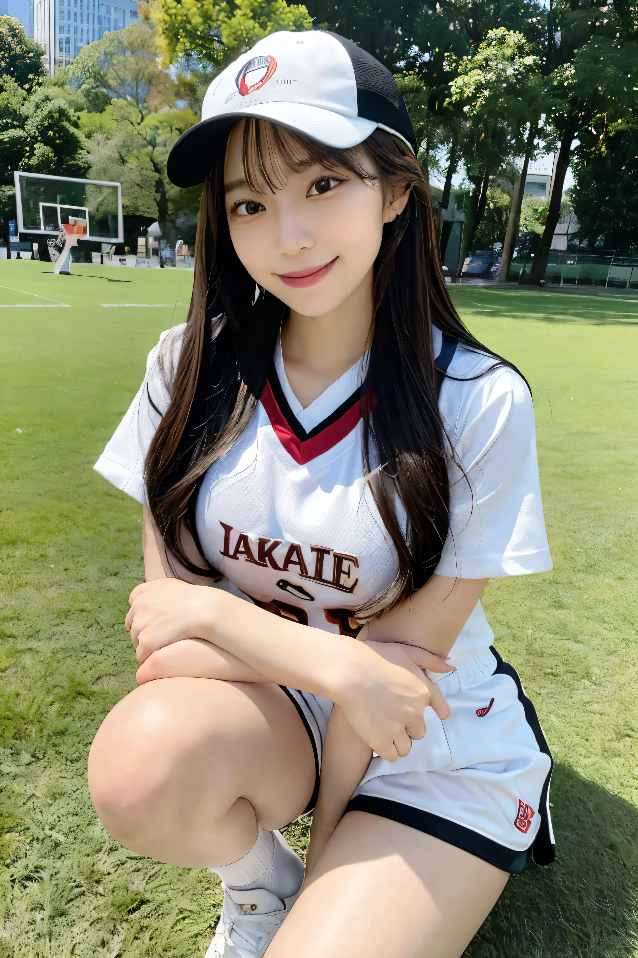 cute japanese college student、21 years old、Super detailed face、Attention to detail、double eyelid、Beautiful thin nose、Sharp focus:1.2、Beautiful woman:1.4、(Maroon brown hair、Bun Hair)、（Detailed facial features）、Brunette eyes、natural bangs、White skin、highest quality、masterpiece、超A high resolution、(Photorealistic:1.4)、非常に詳細でプロフェッショナルな照明のsmile、looking at the camera、Bright lighting、Professional Lighting、Smooth lighting、One person is standing、(Long sleeve cycling jersey), (Berry Shorts)、（Outdoor）、hot pants、smile