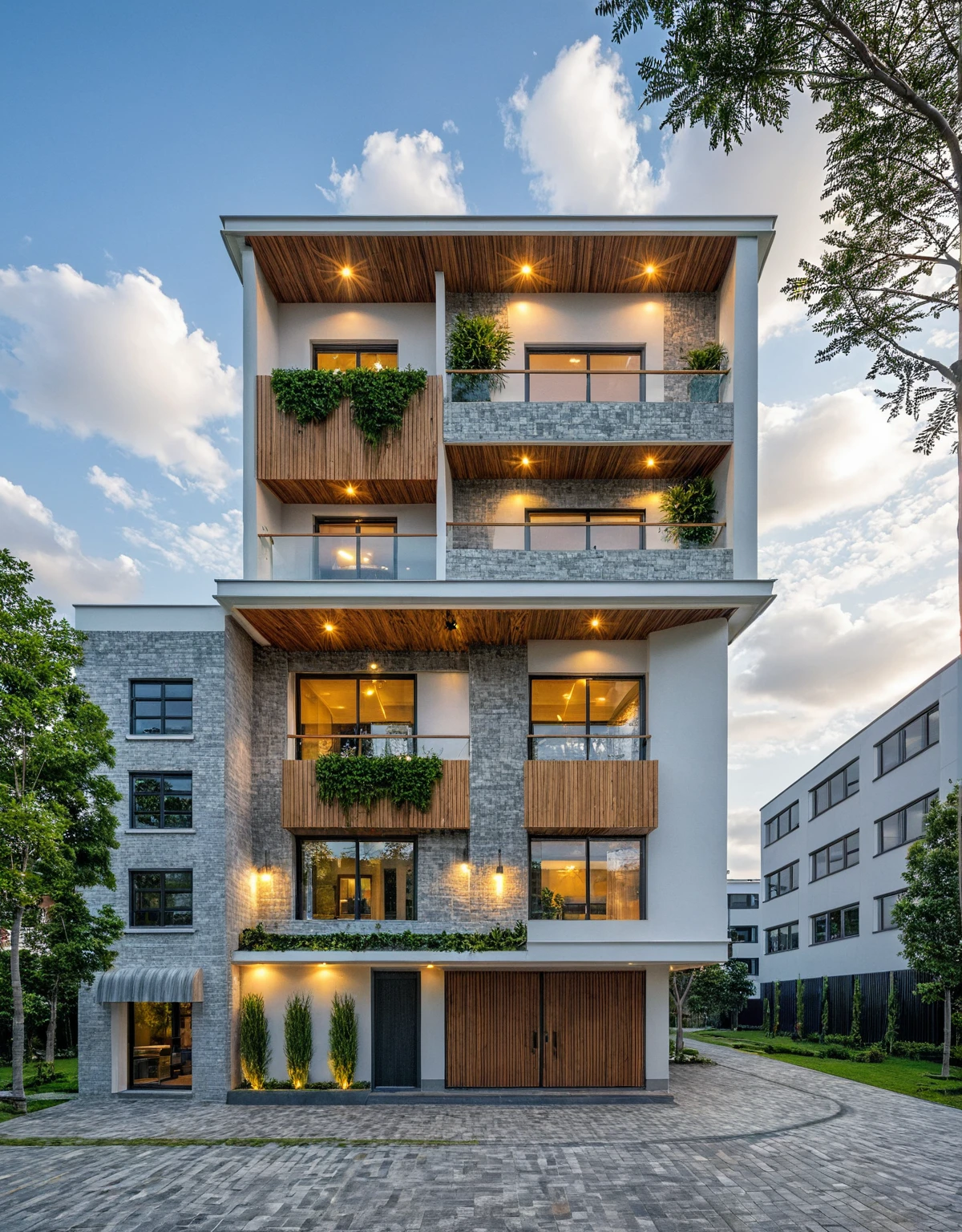 Masterpiece, high quality, best quality, authentic, super detail, outdoors, onestoreyvillaXL, aiaigroup, house style modern on the street ,stairs, white wall ,road,pavement, grass, trees, sky, cloud, (daylight:1.1)