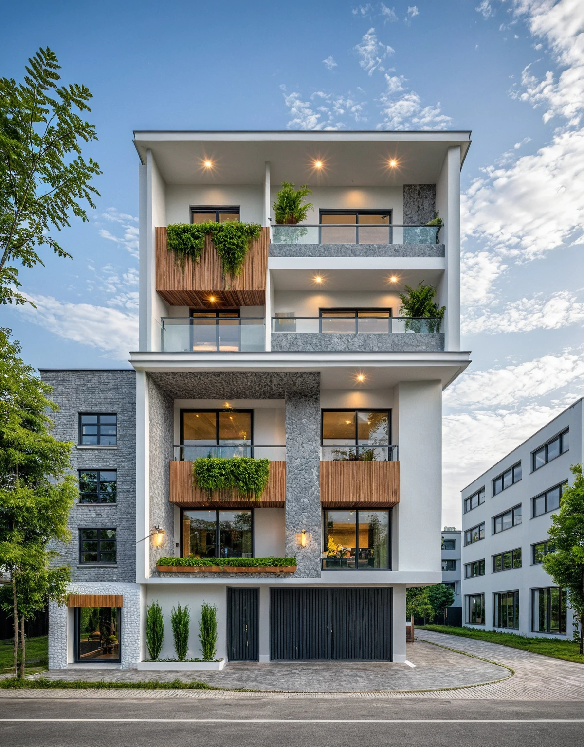 Masterpiece, high quality, best quality, authentic, super detail, outdoors, onestoreyvillaXL, aiaigroup, house style modern on the street ,stairs, white wall ,road,pavement, grass, trees, sky, cloud, (daylight:1.1)